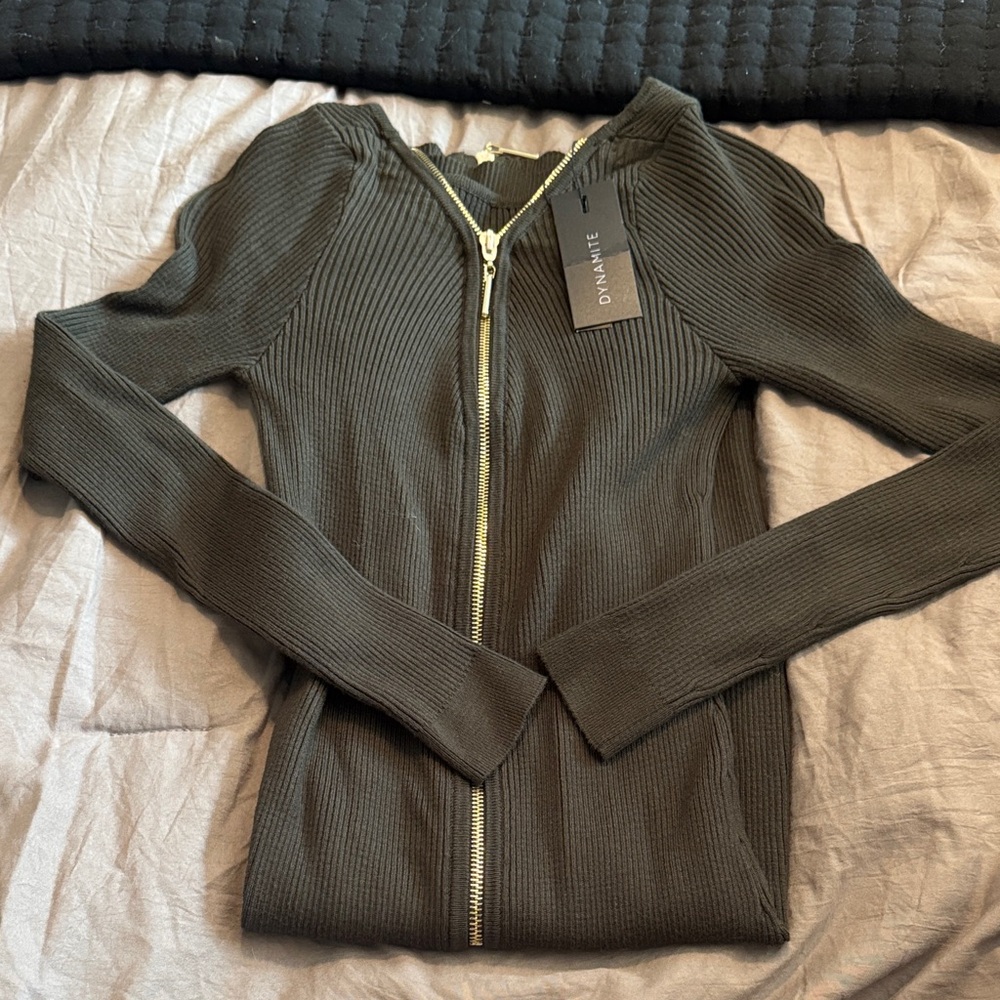 Dynamite Olive Zip-Up Ribbed Sweater Dress